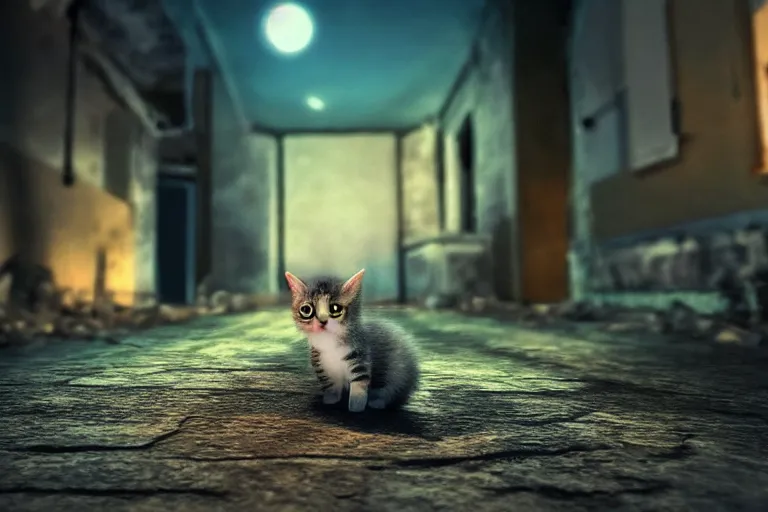 Image similar to a cute kitten on an adventure through an abandoned town in the night, 3d scene, render, ultra realistic