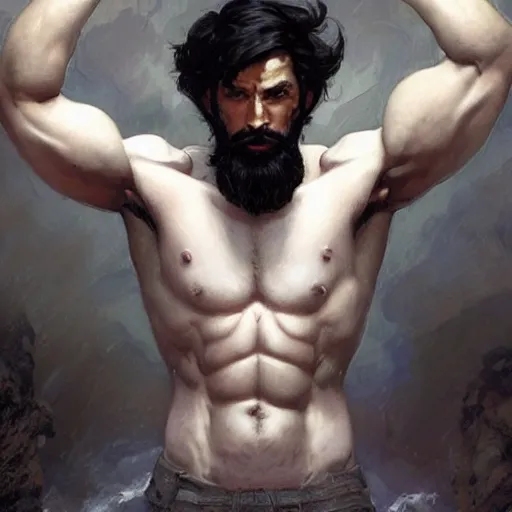 Image similar to a chad with wavy black hair and a beard. muscular. godlike. tank top. using a computer., picture by greg rutkowski, dynamic pose, intricate, futuristic, fantasy, elegant, by stanley artgerm lau, greg rutkowski, thomas kindkade, alphonse mucha, loish, norman rockwell,