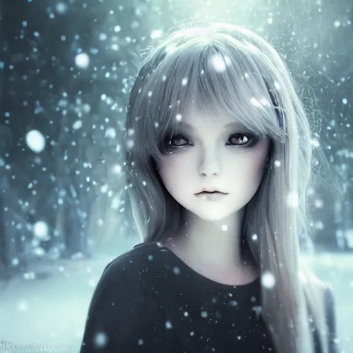 Prompt: focus face portrait of beautiful darkness knight 3D anime girl, dark forest background, snowing, bokeh, inspired by Tim Burton, digital painting, high contrast, unreal engine render, volumetric lighting, high détail