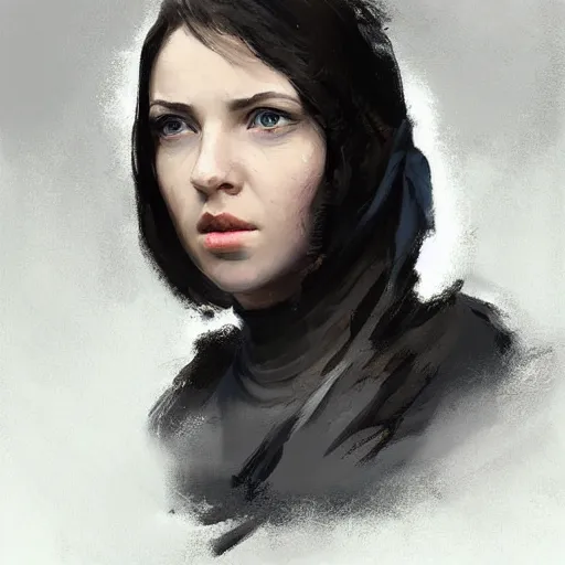 Image similar to Portrait of a woman by Greg Rutkowski, she is about 20 years old, round face, mixture between german and russian, black bob hair, attractive, determined but resentful look, she is wearing futuristic military fatigues with a black scarf, highly detailed portrait, scifi, digital painting, artstation, concept art, smooth, sharp foccus ilustration, Artstation HQ.