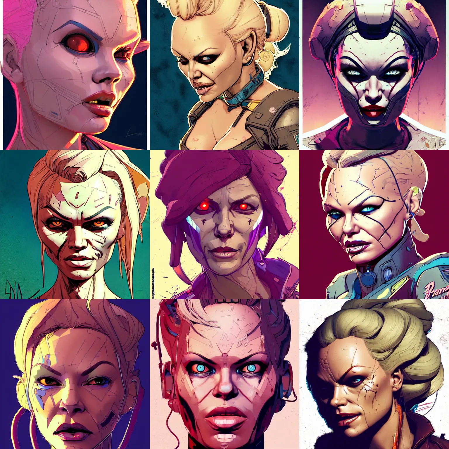 Prompt: cell shaded head portrait of pamela anderson as Borderlands 3 concept art, llustration, post grunge, concept art by josan gonzales and wlop, by james jean, Victo ngai, David Rubín, Mike Mignola, Laurie Greasley, highly detailed, sharp focus,alien,Trending on Artstation, HQ, deviantart, art by artgem