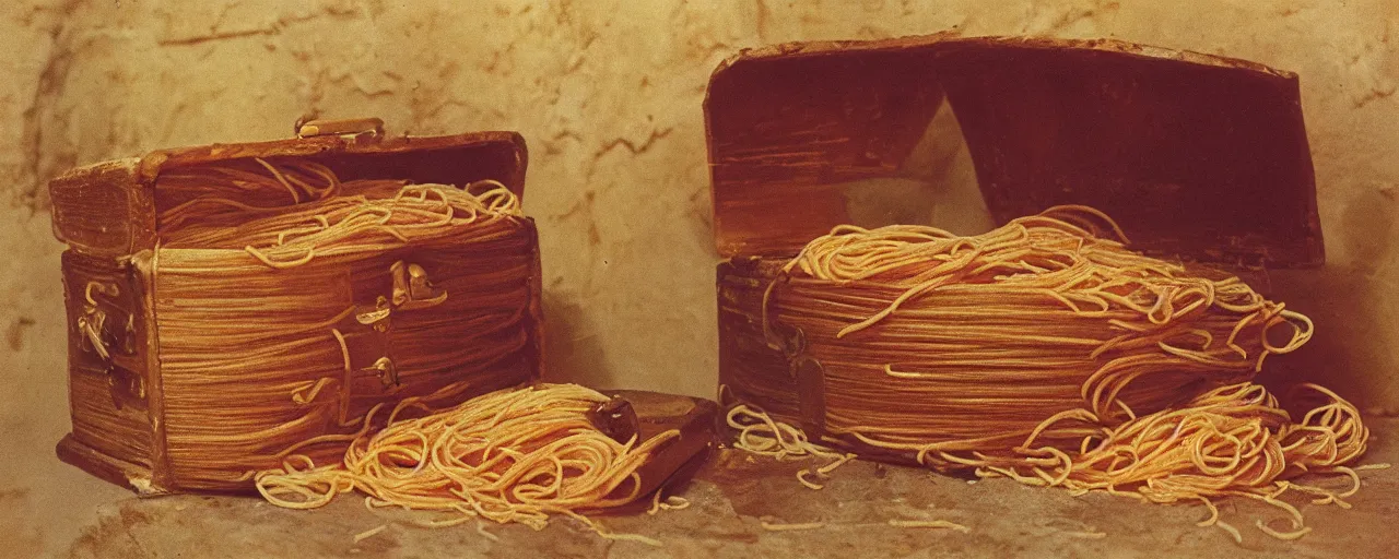 Prompt: the treasure chest of spaghetti in the mali empire, 1 5 0 0 s canon 5 0 mm, kodachrome, retro