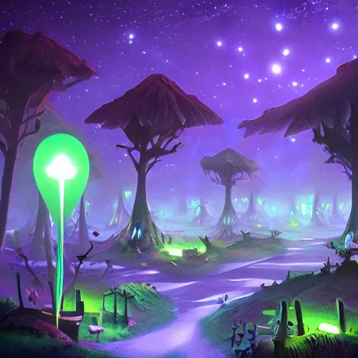 Prompt: bioluminescent forest village