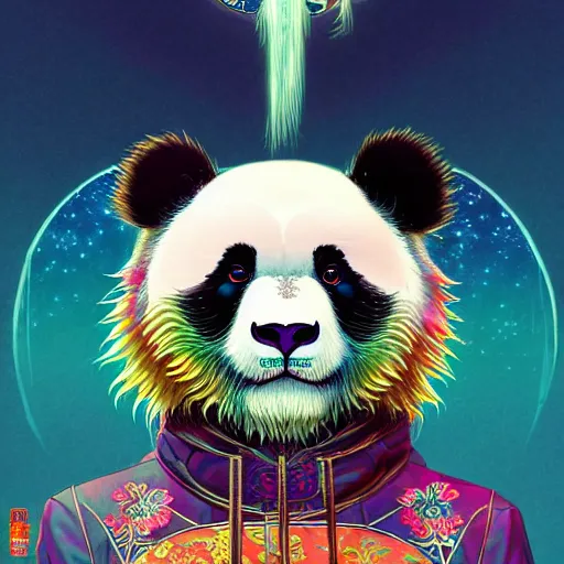 Image similar to a beautiful hyperdetailed character design 4 k wallpaper illustration of a cute panda with a chinese lion dance head victo ngai cyberpunk style, from china, style of studio ghibli, makoto shinkai, raphael lacoste, louis comfort tiffany, artgerm, james jean, ross tran, chinese style