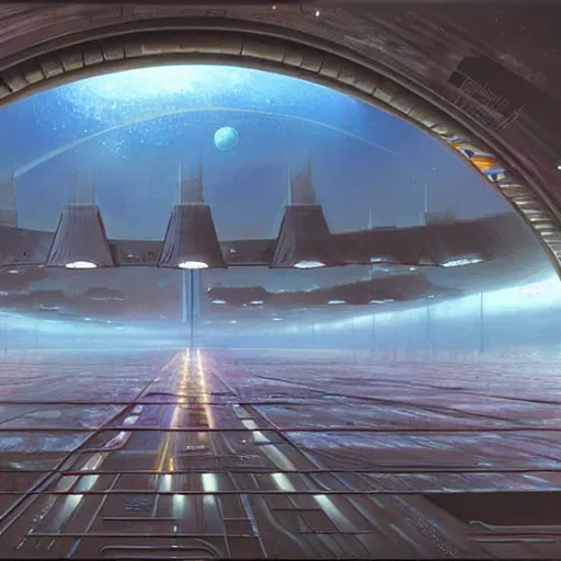 Image similar to Spaceport docking bay at night, inner light. Concept art, hyperrealism, extreme detail, art in the style of A New Hope. Art by. Beksinski and Thomas Kincade