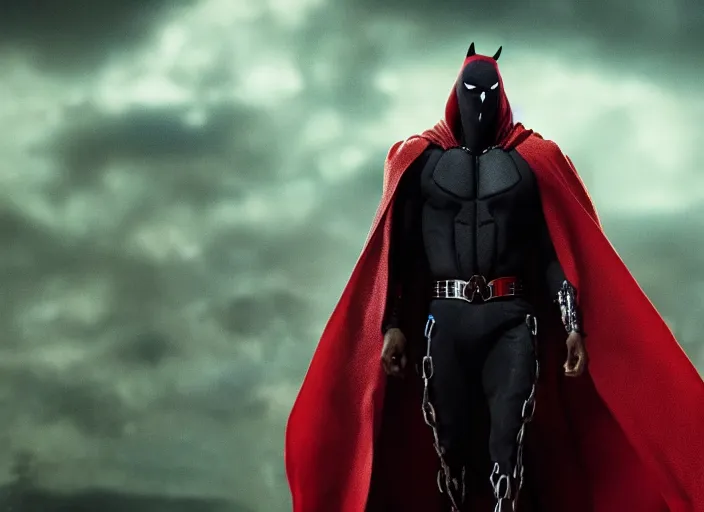 Image similar to film still of michael b jordan as spawn in the new spawn movie, giant chains, large cape, 8 k