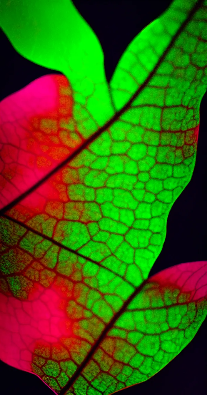 Prompt: realistic photo of a one big neon colored glowing leaf in dark background, very sharp focus, in the style of greg rutswoski, very hyper realistic, highly detailed, fantasy art station