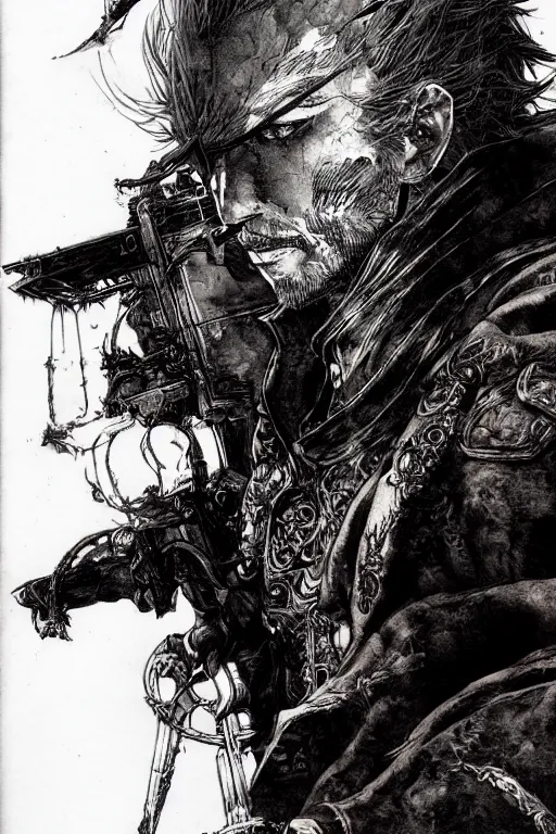 Image similar to portrait of a bloodborne hunter, sumi - e style, masterful, intense, concept art, detailed, intricate linework, art by yoji shinkawa