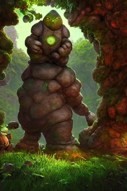 Image similar to arcane fantasy art giant golem elemental wood rock bastion forged gemstone enchanted forest troll, global illumination ray tracing hdr fanart arstation by sung choi and eric pfeiffer and gabriel garza and casper konefal lisa frank zbrush central hardmesh