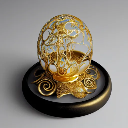 Image similar to art nouveau gold mochi shaped sculpture with filigree faberge orchid betta whiplash forest liquid lightshow spiral organic natural forms designed by giger, 8 k, octane render