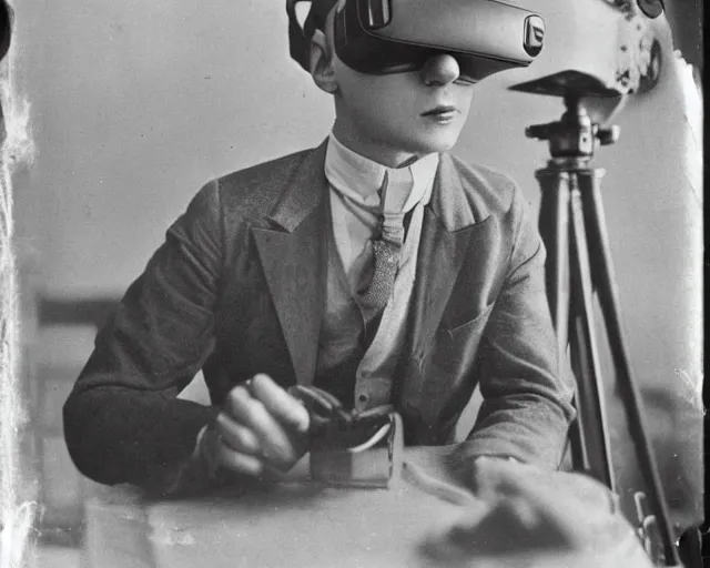 Image similar to 1 9 2 0 s photo of a person wearing a vr virtual reality headset