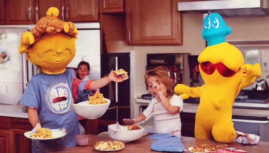 Image similar to 1 9 9 0 s candid 3 5 mm photo of a beautiful day in the family kitchen, cinematic lighting, cinematic look, golden hour, an absurd costumed mascot from the strange food giant face space club show is forcing the children to eat cereal, children are eating way too much cereal, kids are sad, uhd