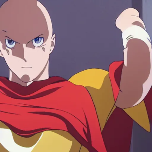 Image similar to anime baldy man with long - sleeved light - yellow shirt, red gloves, red boots and avery white cape