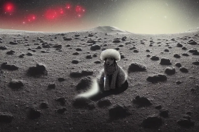 Image similar to a parti poodle with black and white fur laying down on mars. distant background, red lighting, digital art, acrylic, colorful, ominous, bleak, moonlight, bokeh, depth of field, synthwave, psychedelic, glitch, acrylic, flooko, detailed, cybernetic, sci-fi, glows,