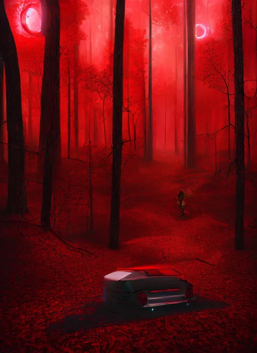 Image similar to red forest liminal space, night, artgerm, rutkowski, tooth wu, beeple, and intricate