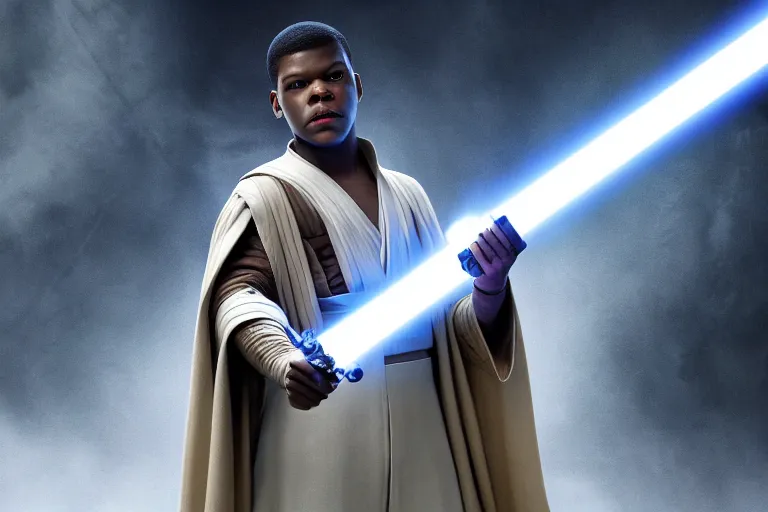 Image similar to Star Wars, Finn played by John Boyega wears jedi robes and wields lightsaber standing alone, full body shot, ultra realistic, 4K, movie still, UHD, sharp, detailed, cinematic, render