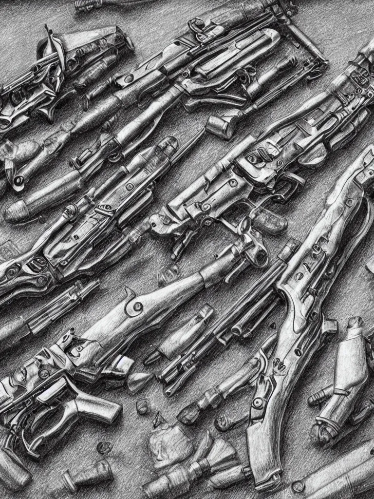 Image similar to detailed pencil etching of machine guns shotguns rifles revolvers bullets, drawing, ultrarealistic, intricate details, 4k