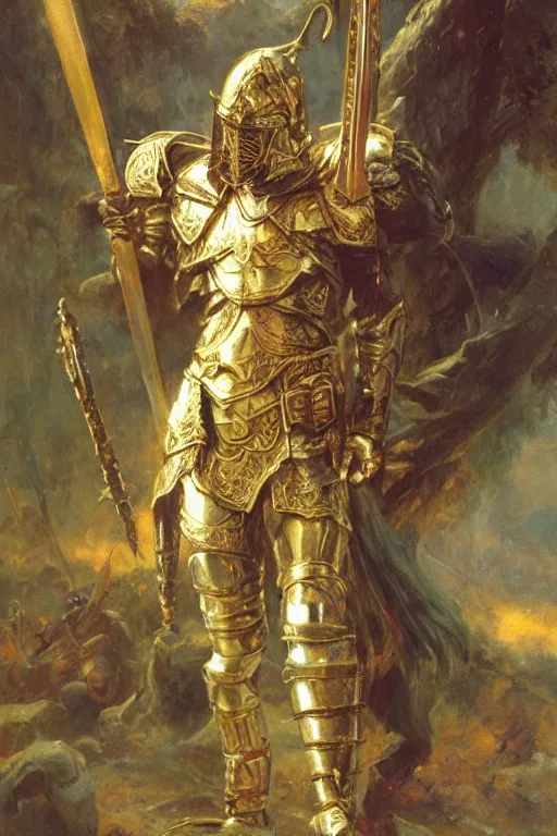 Prompt: a large paladin warrior in intricate armor after a long battle, with a long broadsword, by adrian smith and delphin enjolras and daniel f. gerhartz and pierre auguste cot