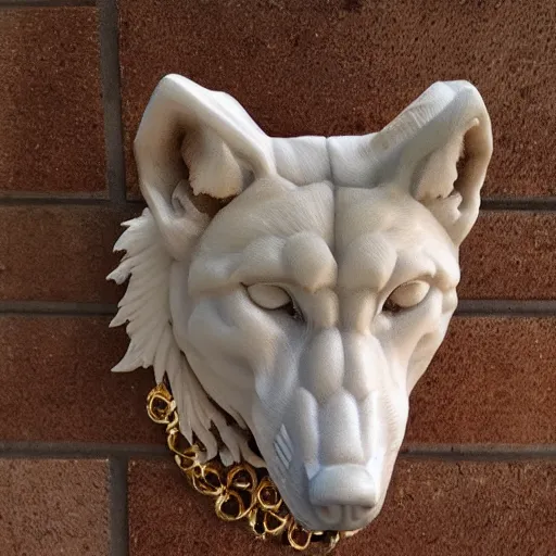 Image similar to a white marble statue of a wolf's head with gold filigree