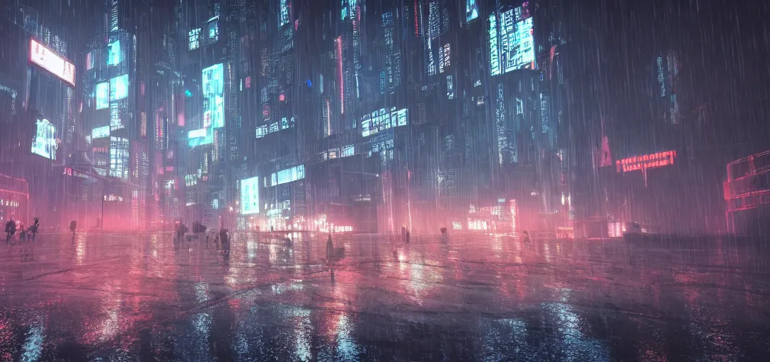 Image similar to cyberpunk look of the university of Bielefeld, rain, night, flying cars, digital art, 8k, many details