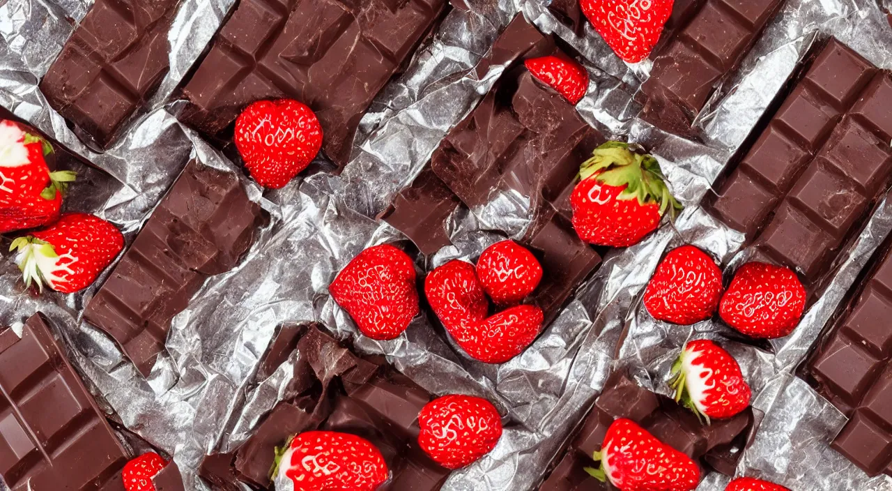 Image similar to A fancy chocolate bar on an opened silver wrapper, with one piece broken off, on a wooden tray, next to sliced strawberries, macro lens product photo