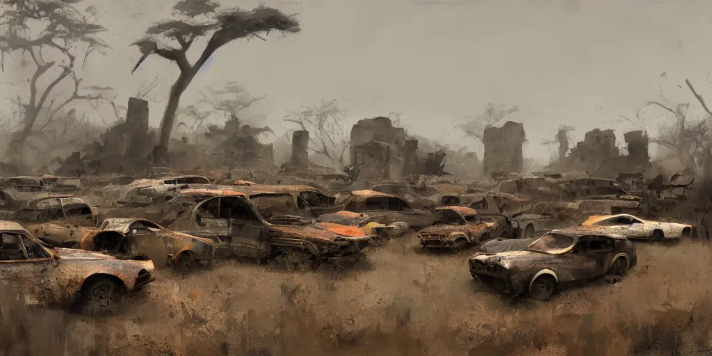 Image similar to graveyard of cars that looks like a ruin in an African landscape, lowlight, moody atmosphere, Craig Mullins style,