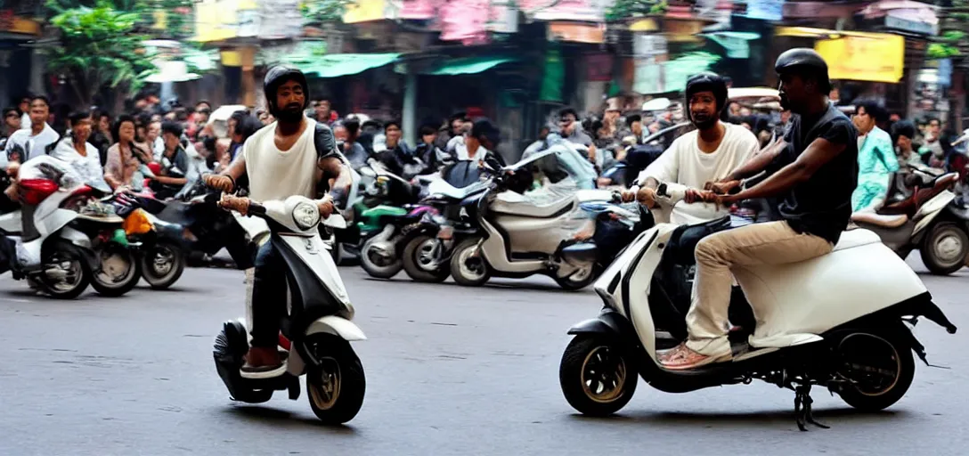 Image similar to kanye west riding scooter in hanoi, a photo in daylight