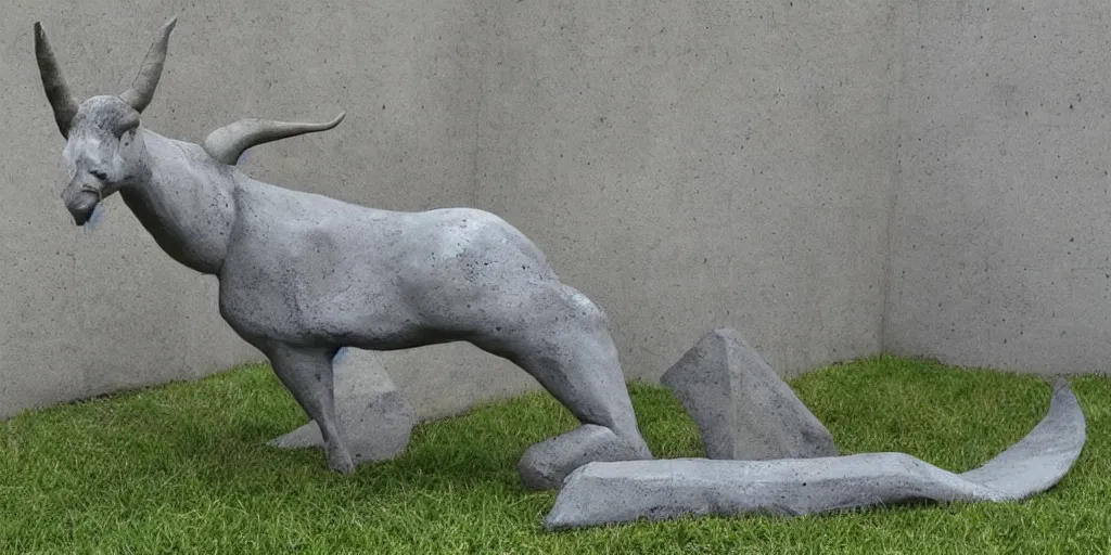 Image similar to art magazine photo, folk art garden sculptures, concrete sculpture of a capricorn, art by wouterina de raad!!!, art by james tellen, highly detailed, realistic anatomical proportions, amazing concrete sculpture, 4 k