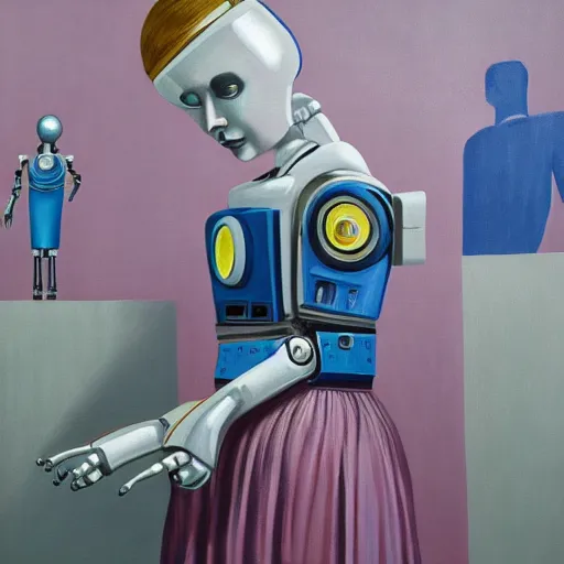 Image similar to female robot girl painting by neo rauch, highly detailed