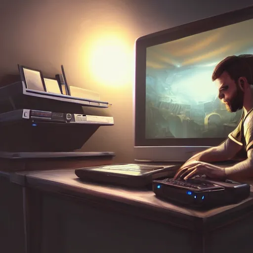 Image similar to realistic man using laptop in gaming room, artstation trends, concept art, highly detailed, intricate, sharp focus, digital art, 8 k