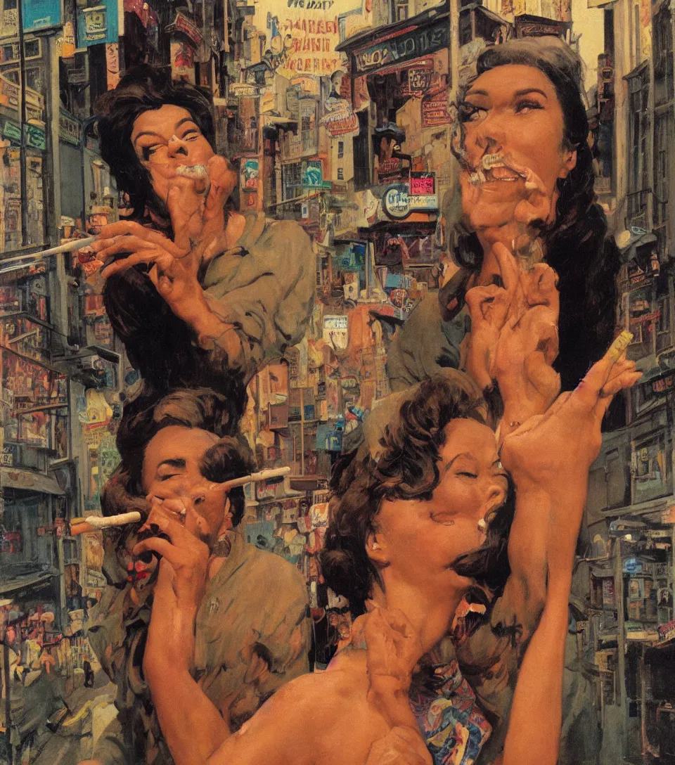 Prompt: standing portrait of ecstatic sza looking into the camera standing smoking a cigarette, summer, warm street lights store front, 1 9 6 0 s technicolor, intricate, moody, personal, highly detailed, short focus depth, donato giancola, joseph christian leyendecker, frank frazetta, alex horley, ralph horsley, michael whelan, 2 0 0 mm focal length