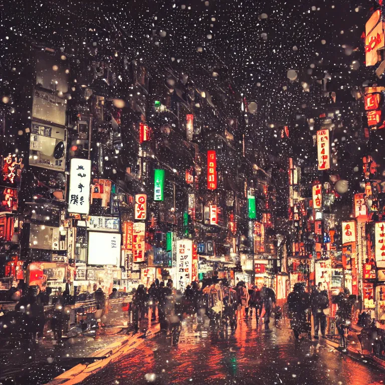 Image similar to illustration of tokyo with many lights and lens flares, snowy winter christmas night