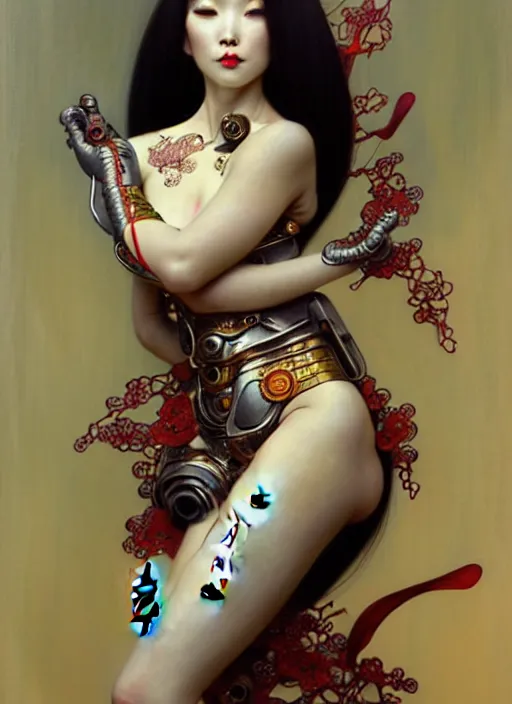 Prompt: organic sexy cyborg, geisha, diffuse lighting, fantasy, intricate chinese opera motifs, elegant, highly detailed, lifelike, photorealistic, digital painting, artstation, illustration, concept art, smooth, sharp focus, art by john collier and albert aublet and krenz cushart and artem demura and alphonse mucha