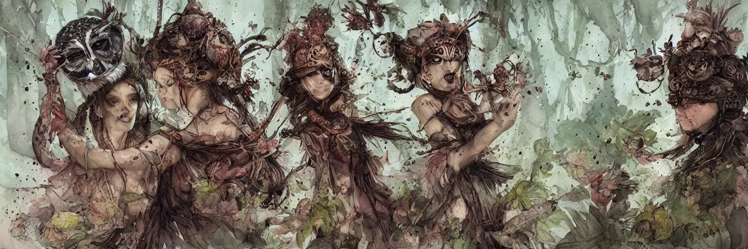 Image similar to plant based warrior monk wearing augmented reality visor and seductive owl sorceress fighting side by side by Jean-Baptiste Monge, post processing, painterly, book illustration watercolor granular splatter dripping paper texture. Trending on artstation, post processing, pen and ink work. sharp focus.