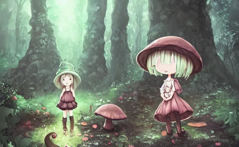 Image similar to cute little girl with an long black wearing an mushroom hat in the dark forest next to a sinister monster, cute, clean detailed art, inspired by made in abyss, detailed background, fantastic world