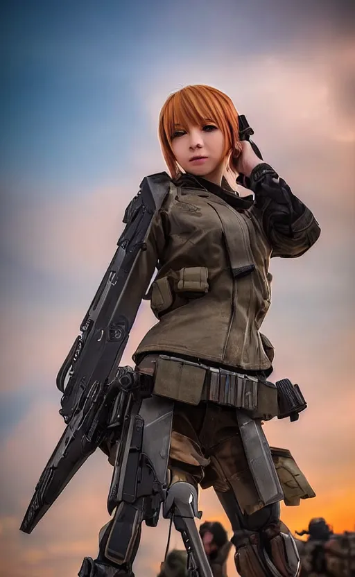 Prompt: highly detailed, high resolution, cosplay photo, stunning, realistic lightning, real sunset, in the middle of the battlefield, girls frontline style, bokeh soft, 100mm, trending on facebook, by professional photographer, realistic anatomy, realistic military rigs, full body suit