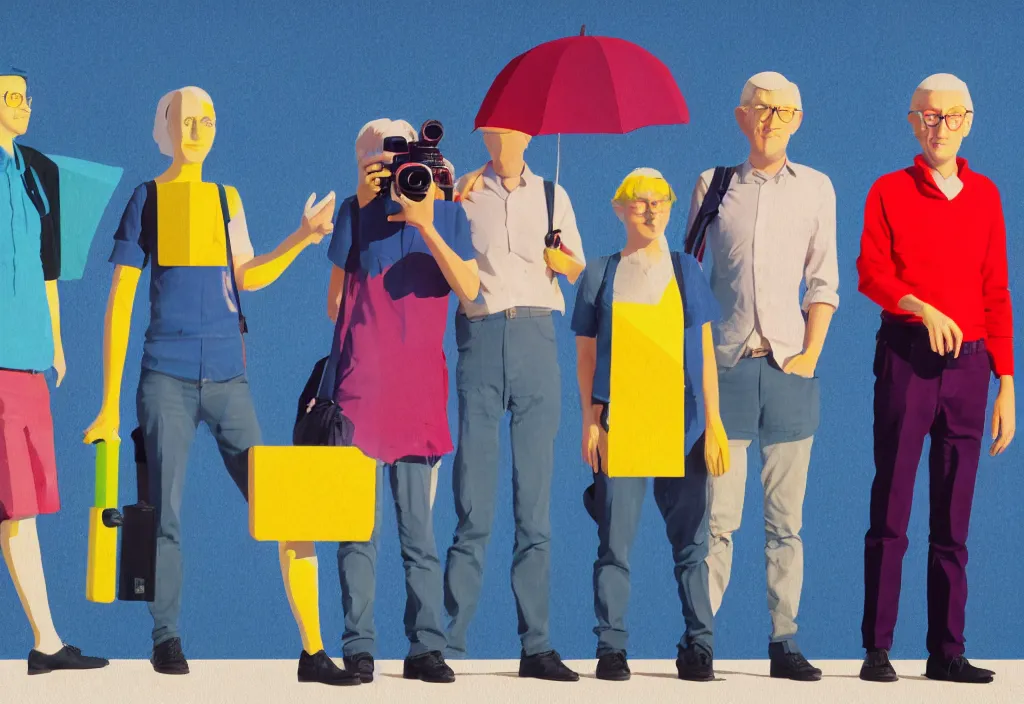 Image similar to full body portrait of a trio of european tourists with nikon cameras, various poses shooting photos, character designs painting, in the style of wes anderson, rene magritte, lola dupre, david hockney, isolated on white background, dark monochrome neon spraypaint accents volumetric octane render