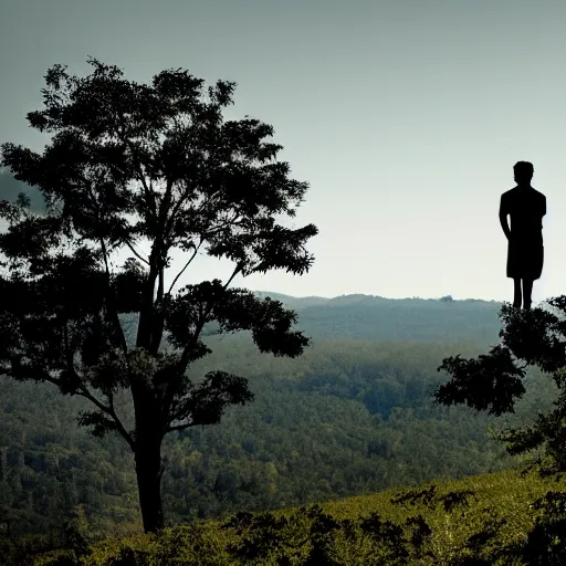 Image similar to silhouettes of two men sitting on top of a hill with a forest behind them