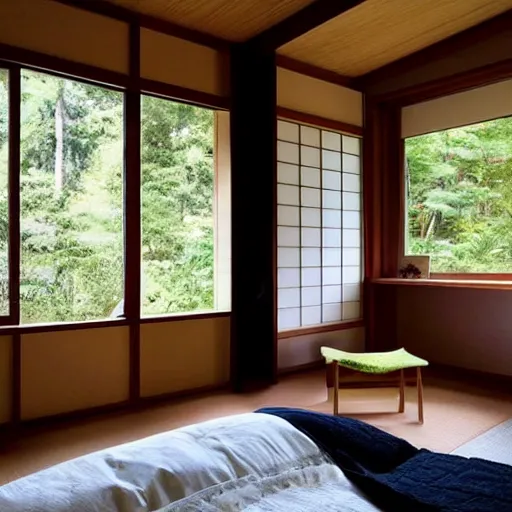 Prompt: bedroom in japanese style, wood, bright, one large window in the back with a view of a forest, beige, green, minimalistic, retro design, swedish design