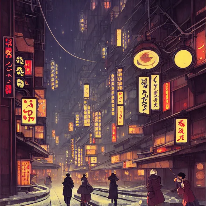 Prompt: empty tokyo at night, winter, in the style of studio ghibli, j. c. leyendecker, greg rutkowski, artem