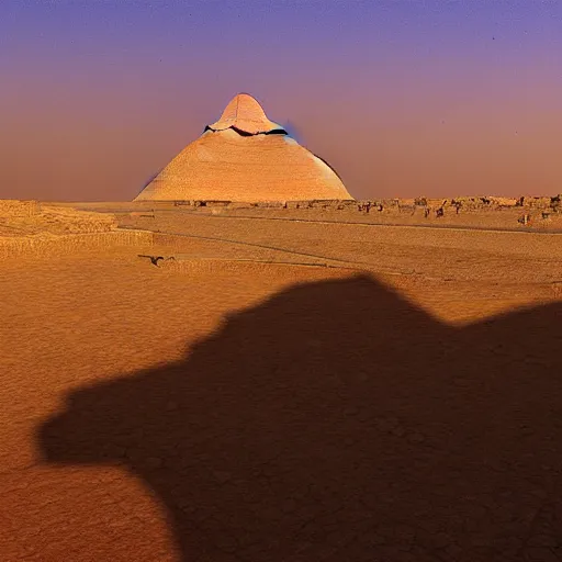 Image similar to pyramids of giza, ancient city of giza by moebius and makoto shinkai