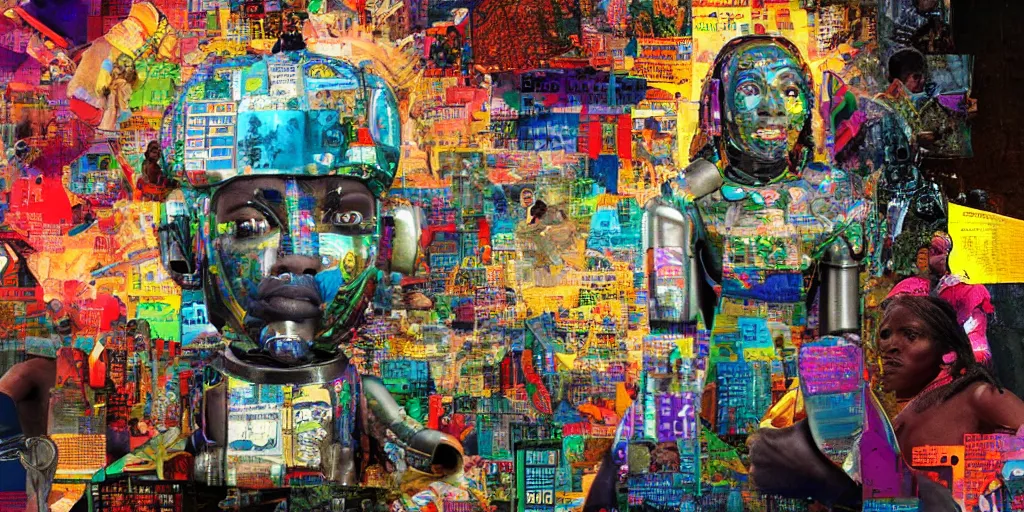 Image similar to ROBOT of AJEGUNLE SLUMS of Lagos inside African JESUS CHRIST about BEAUTY surrounding large UFO within NEON rays of light, magazine collage,