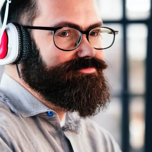 Prompt: hipster with white beard and wearing a headset at a computer