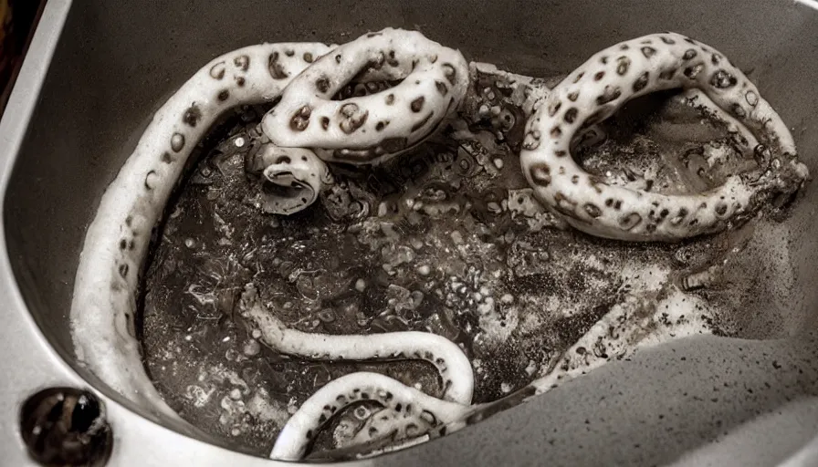 Image similar to Horror movie, a tentacle reaches up out of the kitchen sink drain.