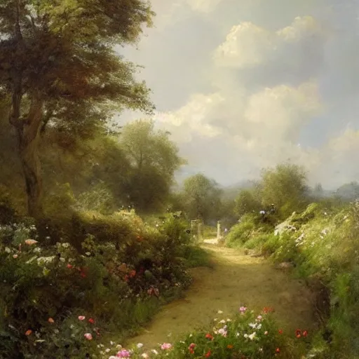 Image similar to landscape jean-Baptiste Monge and Solomon Joseph Solomon and Richard Schmid and Jeremy Lipking victorian landscape genre painting portrait painting of an english country cottage with a stone path and flower garden