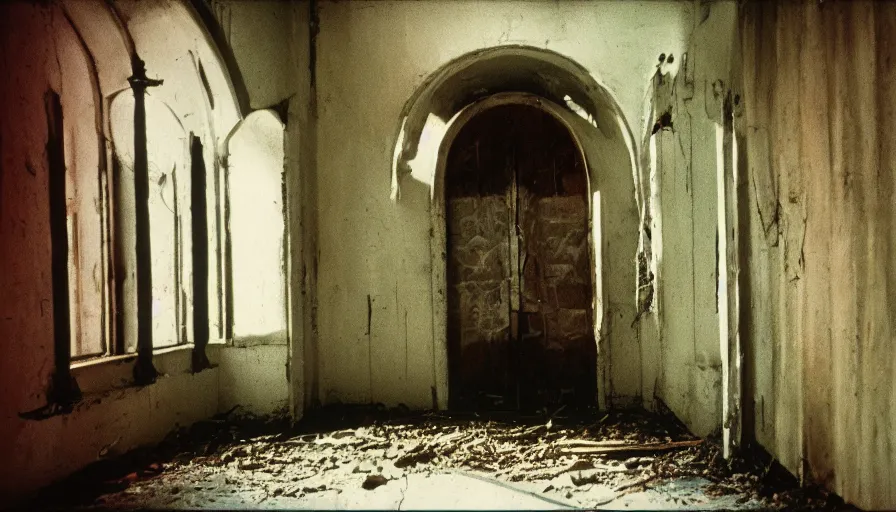 Image similar to 7 0 s film still from a horror movie about a person living in an abandoned church, kodachrome, cinecolor, cinestill, film grain, film texture, retro, cinematic, high resolution, photorealism,