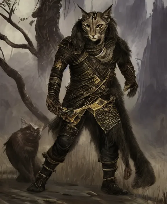 Image similar to humanoid male khajiit rogue with a scar on left eye, wearing leather armor with a hood, mainecoon cat features with black fur, far - mid shot, magic the gathering, fantasy