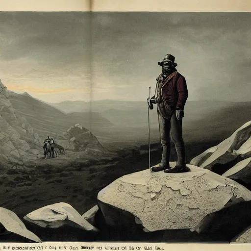 Prompt: 19th century scruffy american trapper, standing on top of boulder, overlooking martian landscape, pulp science fiction illustration