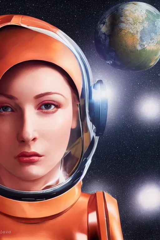Prompt: hyper - realistic close - up portrait of a modern woman, pale skin, in a spacesuit, in the retrofuturism style