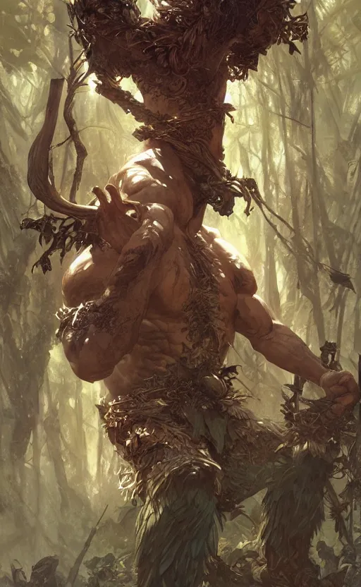 Image similar to Furious god of the forest, male, gorgeous, detailed face, clear face, amazing, muscular, intricate, highly detailed, digital painting, artstation, concept art, sharp focus, illustration, art by greg rutkowski and alphonse mucha